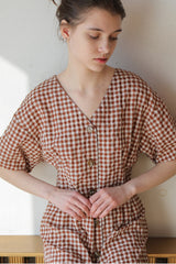 Women’s Gingham Linen Midi Dress with Puff Sleeves and Button-Front A-Line Silhouette