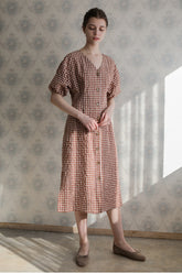 Women’s Gingham Linen Midi Dress with Puff Sleeves and Button-Front A-Line Silhouette