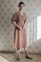Women’s Gingham Linen Midi Dress with Puff Sleeves and Button-Front A-Line Silhouette