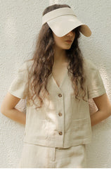 Women's Short Sleeve Linen Blouse with Front Button Closure and Notched V-Neck Collar