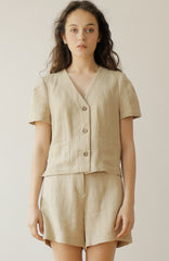 Women's Short Sleeve Linen Blouse with Front Button Closure and Notched V-Neck Collar