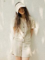 Women's Short Sleeve Linen Blouse with Front Button Closure and Notched V-Neck Collar