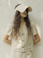 Women's Short Sleeve Linen Blouse with Front Button Closure and Notched V-Neck Collar