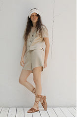 Women's Short Sleeve Linen Blouse with Front Button Closure and Notched V-Neck Collar