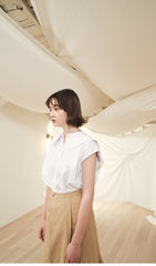 Women's Puff Sleeve Linen Blouse with Square Neckline and Back Button Detail