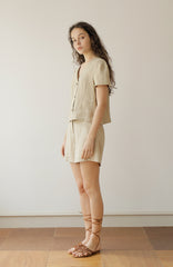 Women's Short Sleeve Linen Blouse with Front Button Closure and Notched V-Neck Collar