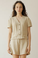 Women's Short Sleeve Linen Blouse with Front Button Closure and Notched V-Neck Collar