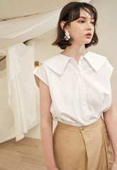 Women's Puff Sleeve Linen Blouse with Square Neckline and Back Button Detail