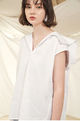 Women's Puff Sleeve Linen Blouse with Square Neckline and Back Button Detail