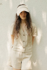 Women's Short Sleeve Linen Blouse with Front Button Closure and Notched V-Neck Collar