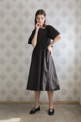 Women’s Square Neck Linen Midi Dress with Adjustable Waist Tie and Elbow-Length Sleeves