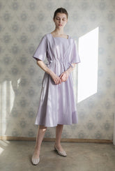 Women’s Linen Midi Dress with Square Neckline, Adjustable Waist Tie, and Flared Hem