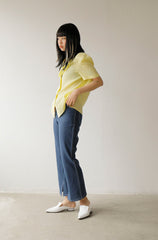 Short Sleeve Ruffle Collar Button-Up Linen Blouse for Women with Tailored Fit