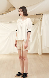 Puff Sleeve Button-Back Linen Blouse with Square Neckline and Adjustable Waist Tie