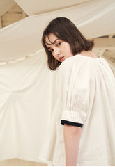 Puff Sleeve Button-Back Linen Blouse with Square Neckline and Adjustable Waist Tie