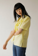 Short Sleeve Ruffle Collar Button-Up Linen Blouse for Women with Tailored Fit