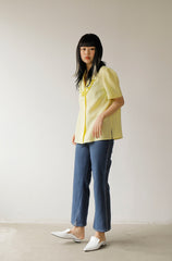 High-Waisted Linen-Blend Denim Pants with Flared Hem and Front Slit Detail