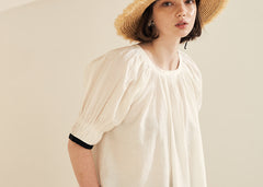 Puff Sleeve Button-Back Linen Blouse with Square Neckline and Adjustable Waist Tie