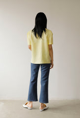 High-Waisted Linen-Blend Denim Pants with Flared Hem and Front Slit Detail
