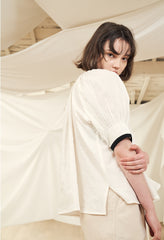 Puff Sleeve Button-Back Linen Blouse with Square Neckline and Adjustable Waist Tie