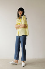 High-Waisted Linen-Blend Denim Pants with Flared Hem and Front Slit Detail