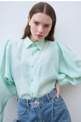 Linen Shirt with Structured Puff Sleeves and Classic Collar