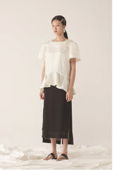 Elegant Linen Peplum Blouse with Puff Sleeves and Structured Silhouette for Women