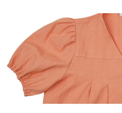 Pleated Linen Blouse with Puff Sleeves and Button Front for Everyday Feminine Comfort