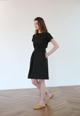 Belted Short-Sleeve Midi Dress in Lightweight Linen Fabric