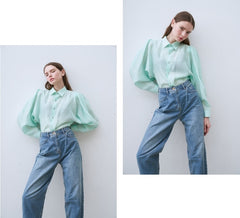 Linen Shirt with Structured Puff Sleeves and Classic Collar