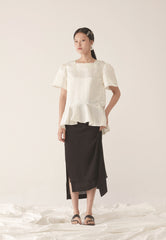 Elegant Linen Peplum Blouse with Puff Sleeves and Structured Silhouette for Women