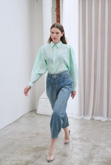 Linen Shirt with Structured Puff Sleeves and Classic Collar