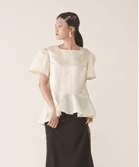 Elegant Linen Peplum Blouse with Puff Sleeves and Structured Silhouette for Women