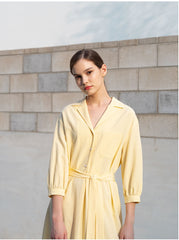 Linen Shirt Dress with Belted Waist, 3/4 Sleeves and Asymmetric Hem for Everyday Chic Style