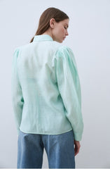 Linen Shirt with Structured Puff Sleeves and Classic Collar