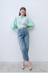 Linen Shirt with Structured Puff Sleeves and Classic Collar