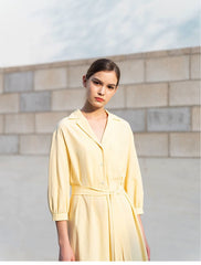 Linen Shirt Dress with Belted Waist, 3/4 Sleeves and Asymmetric Hem for Everyday Chic Style