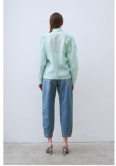 Linen Shirt with Structured Puff Sleeves and Classic Collar