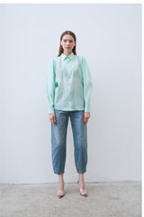 Linen Shirt with Structured Puff Sleeves and Classic Collar