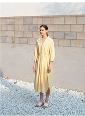 Linen Shirt Dress with Belted Waist, 3/4 Sleeves and Asymmetric Hem for Everyday Chic Style