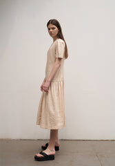 Women's Linen Drop Waist Midi Dress – Short Sleeve Gathered Skirt Dress with Round Neckline