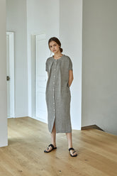 Relaxed Button-Front Linen Dress for Women With Cap Sleeves and Minimalist Midi Silhouette