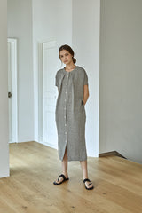 Relaxed Button-Front Linen Dress for Women With Cap Sleeves and Minimalist Midi Silhouette