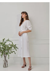 Belted Midi Shirt Dress with Button Front and Soft Puff Sleeves