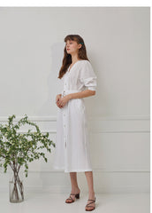 Belted Midi Shirt Dress with Button Front and Soft Puff Sleeves