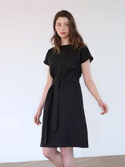 Belted Short-Sleeve Midi Dress in Lightweight Linen Fabric