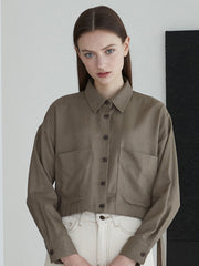 Cropped Linen Blazer for Women with Long Sleeves and Dual Front Pockets – Lightweight and Chic