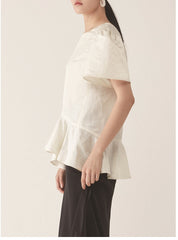 Elegant Linen Peplum Blouse with Puff Sleeves and Structured Silhouette for Women