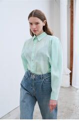 Linen Shirt with Structured Puff Sleeves and Classic Collar