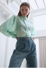 Linen Shirt with Structured Puff Sleeves and Classic Collar